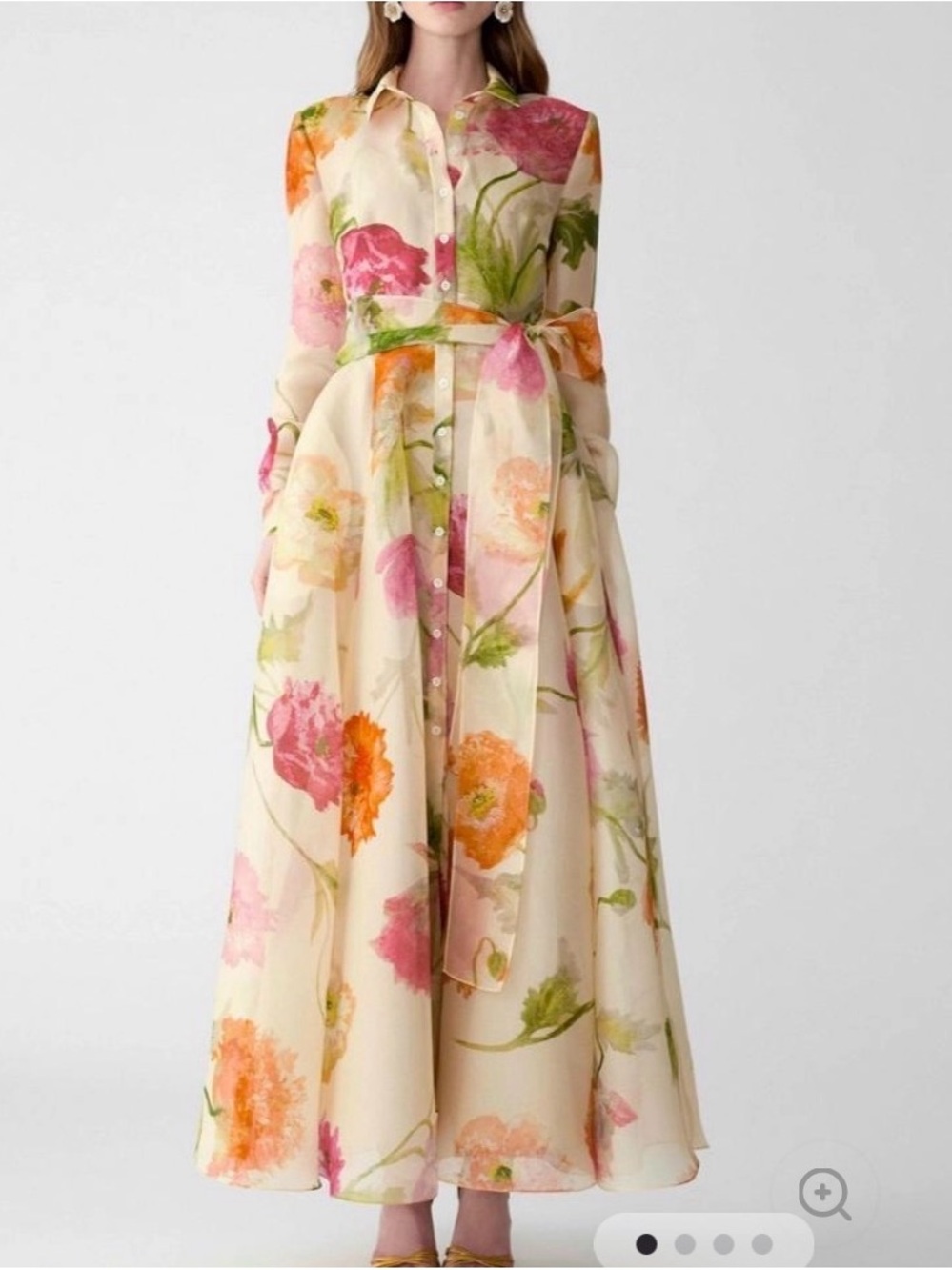 Floral Belted Maxi Shirt Dress in Cream with Pink & Orange Blooms